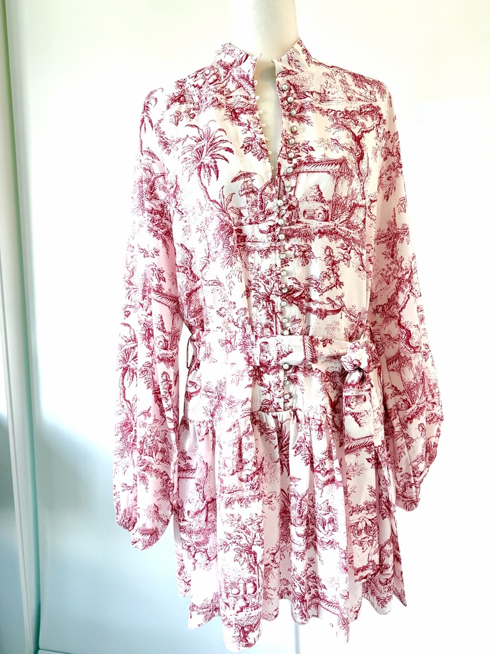 Commense Pink Toile Print Pearl Button Up Long Sleeve Dress with tie waist.